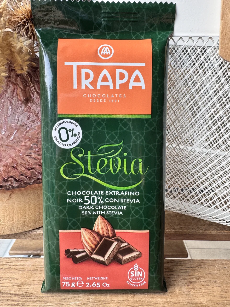 Чорний шоколад без цукру і глютену Trapa Stevia 50%, 75г