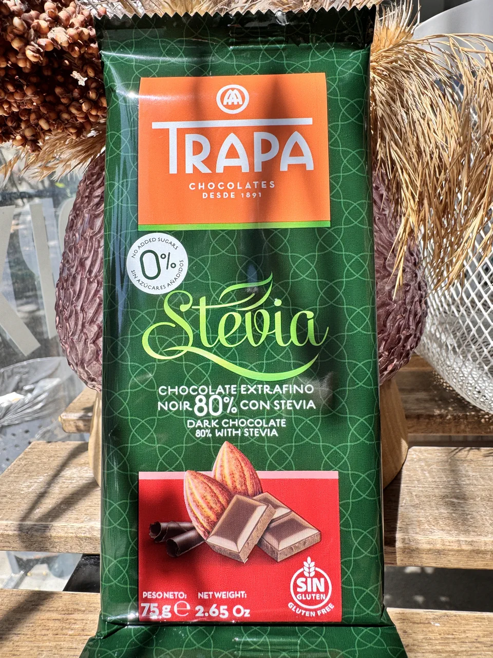 Чорний шоколад без цукру і глютену Trapa Stevia 80%, 75г